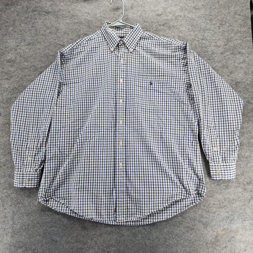 Ralph Lauren Shirt Mens Large Golf Tilden Button Down Long Sleeve Blue Check